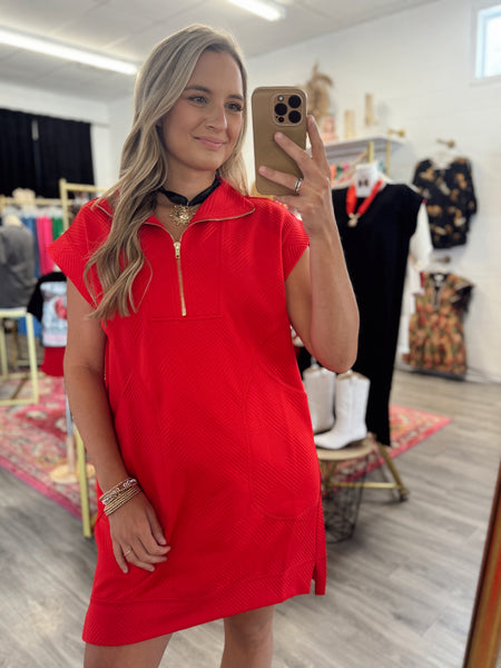 Quilted Casual Dress - Red