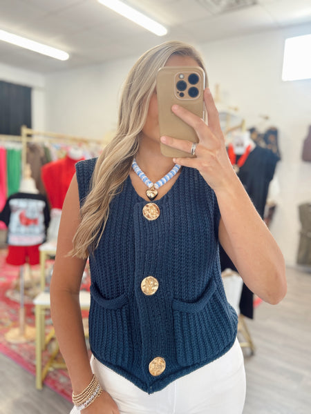 Gold Button Chunky Sweater Vest - Navy