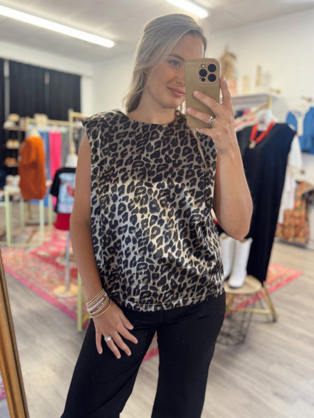 Leopard Satin Shoulder Padded Blouse