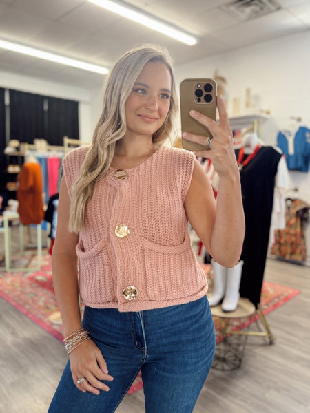 Gold Button Chunky Sweater Vest - Blush