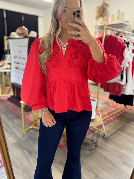 Scarlet Eyelet Blouse - Red