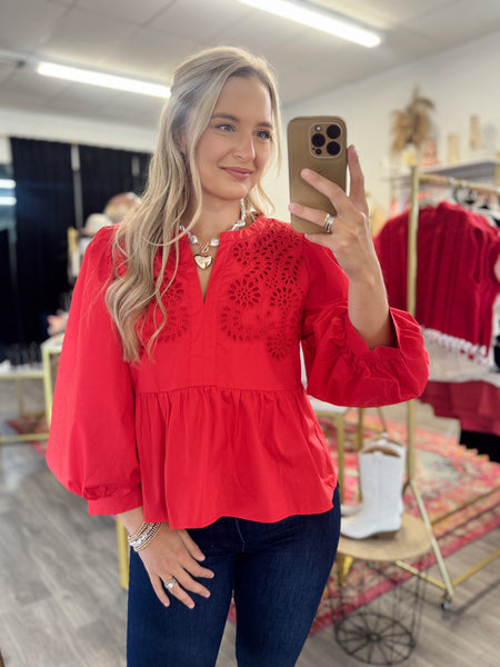 Scarlet Eyelet Blouse - Red
