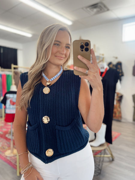 Gold Button Chunky Sweater Vest - Navy
