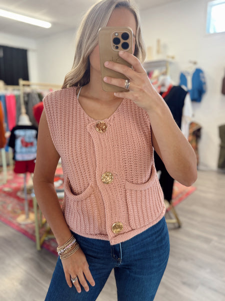 Gold Button Chunky Sweater Vest - Blush