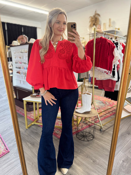 Scarlet Eyelet Blouse - Red
