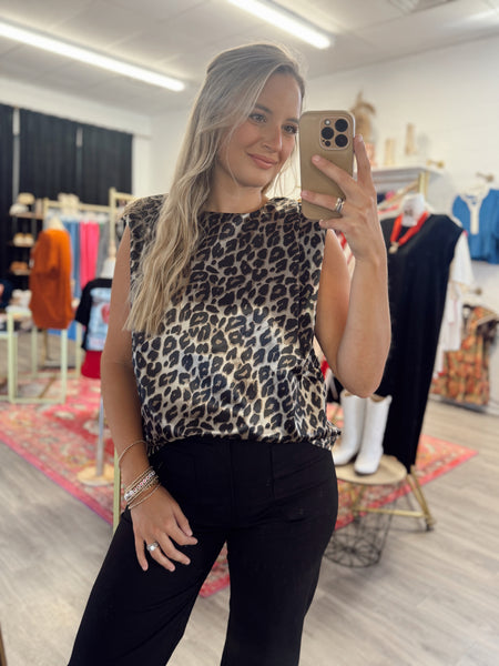 Leopard Satin Shoulder Padded Blouse