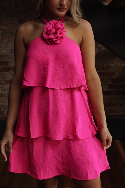 Flower Tiered Mini Dress - Pink