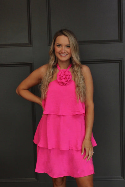 Flower Tiered Mini Dress - Pink