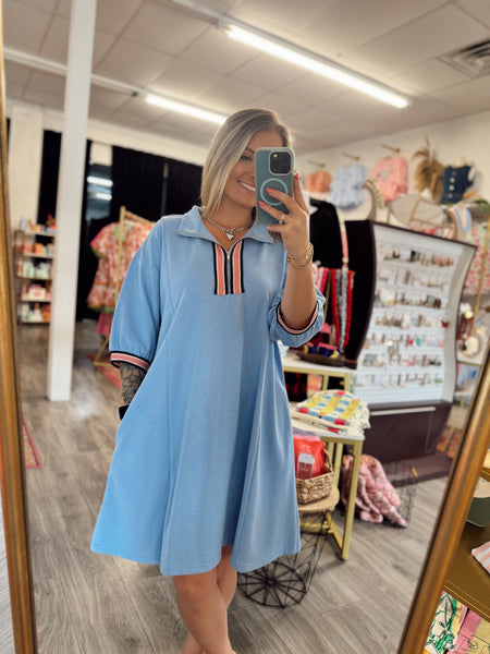 Quarter Zip French Terry Dress - Blue