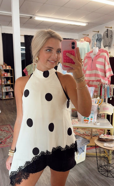 Polka Dot Halter Tank with Lace