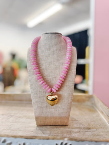 Beaded Heart Necklace - Pink