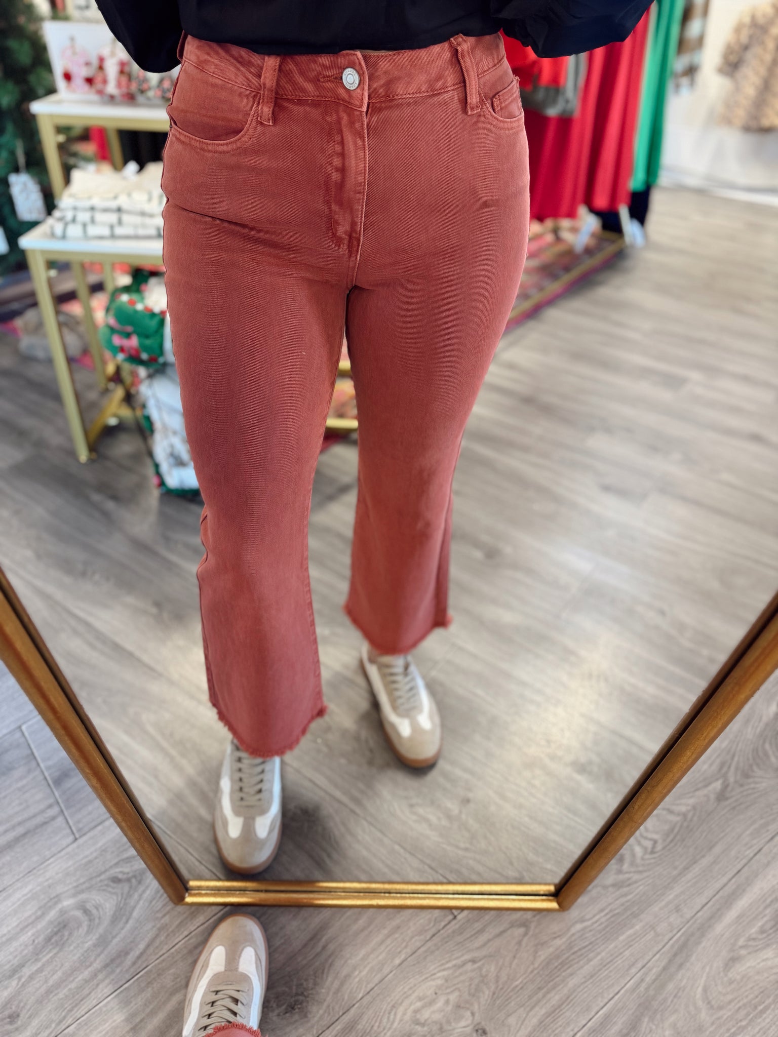 Acid Washed Frayed Hem Jeans - Rust