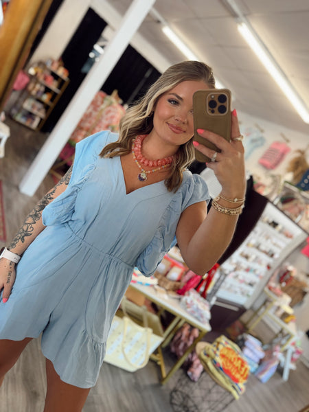 Open Back Ruffle Romper - Blue