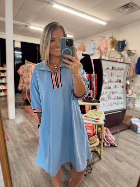 Quarter Zip French Terry Dress - Blue