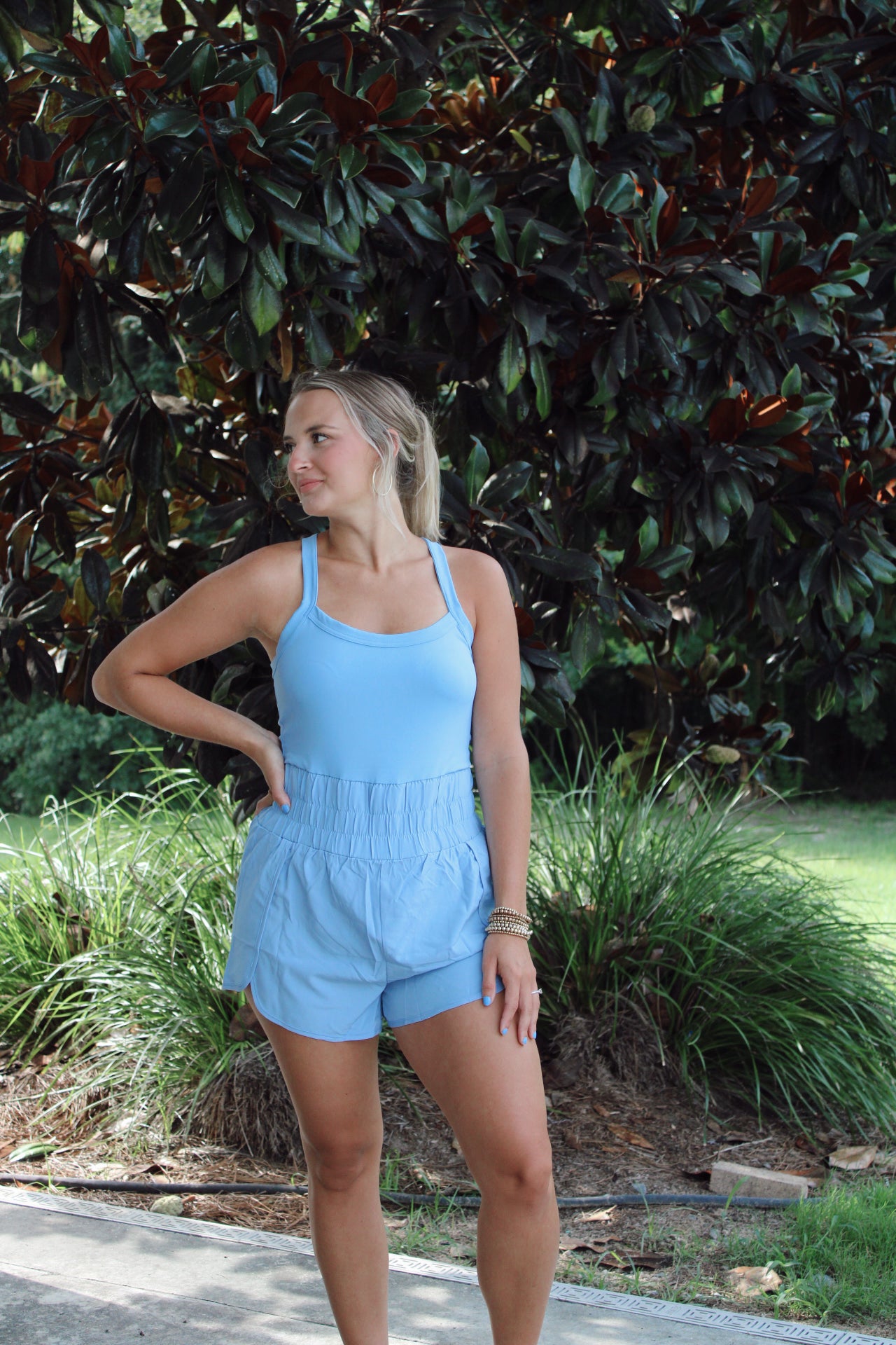 Criss Cross Athletic Romper - Sky