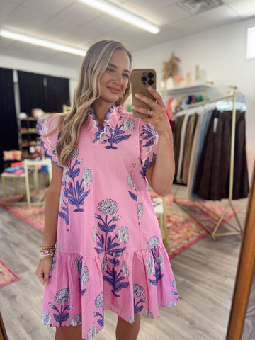 Scallop Floral Tiered Dress - Pink