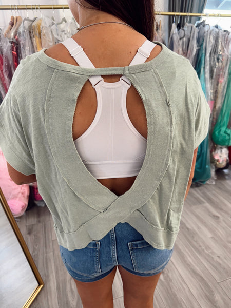 Acid Washed Cross Back Top - Green