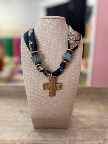Cross Scarf Necklace - Navy/Gold