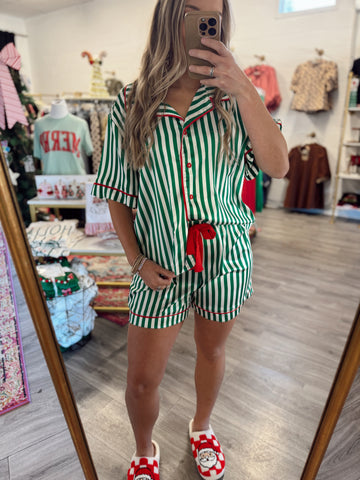 Satin Striped Pajama Set - Green