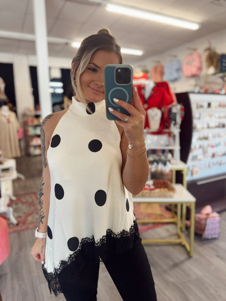 Polka Dot Halter Tank with Lace