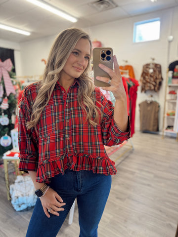 Holiday Ruffle Blouse - Red Plaid