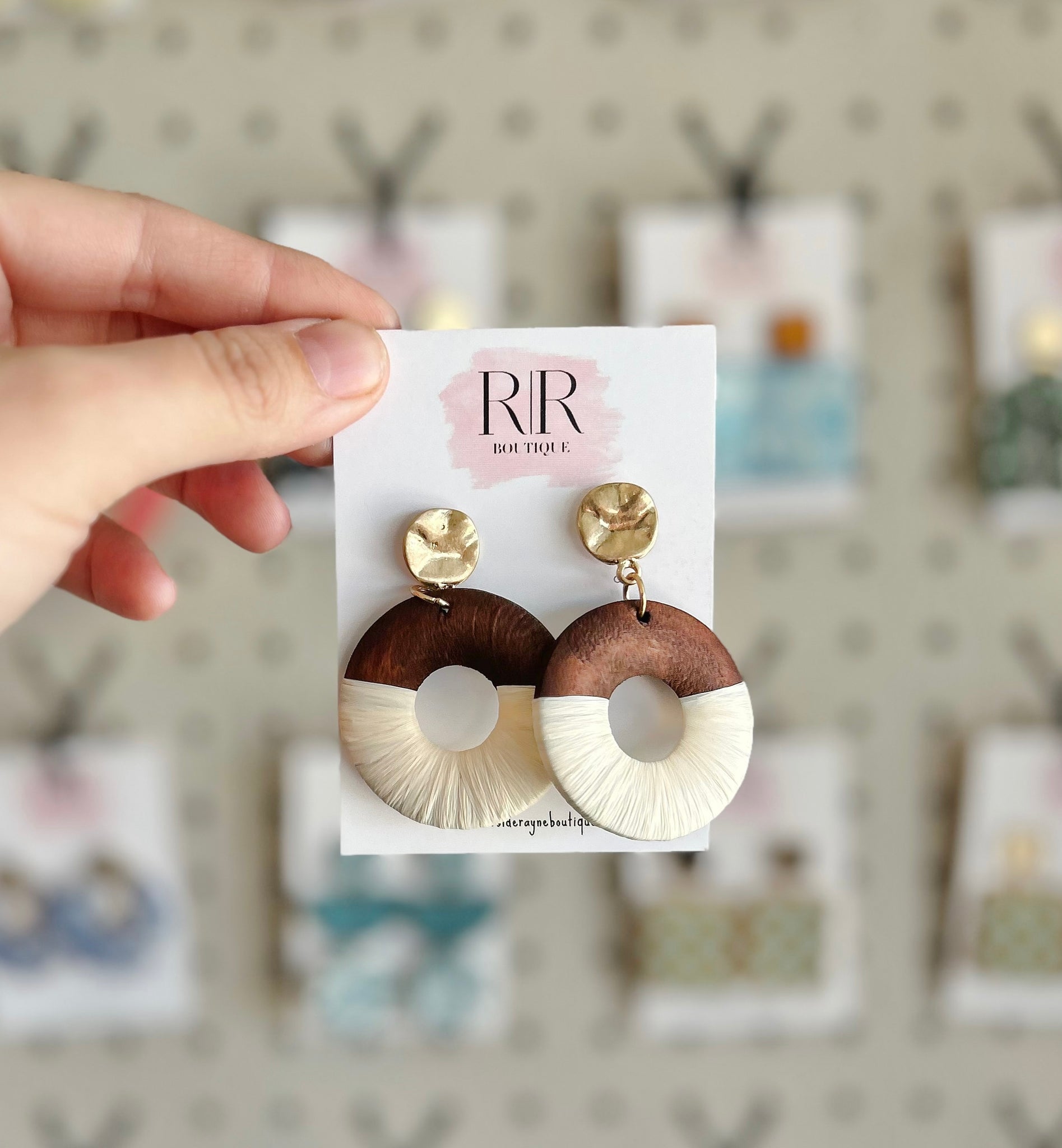 Wooden Circle Dangle Earrings - White