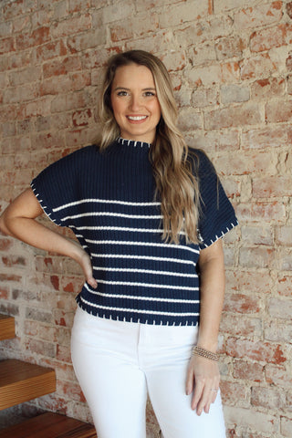 Striped Knit Sweater - Navy