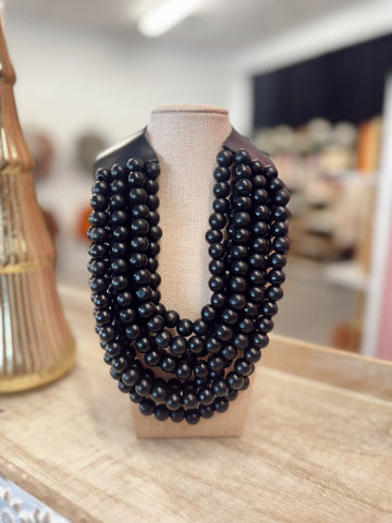 Chunky Multi-Strand Wood Beaded Necklace - Black