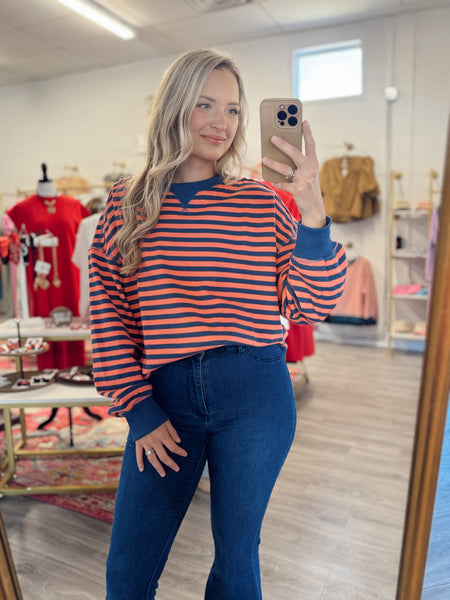 Everyday Striped Pullover - Coral/Navy