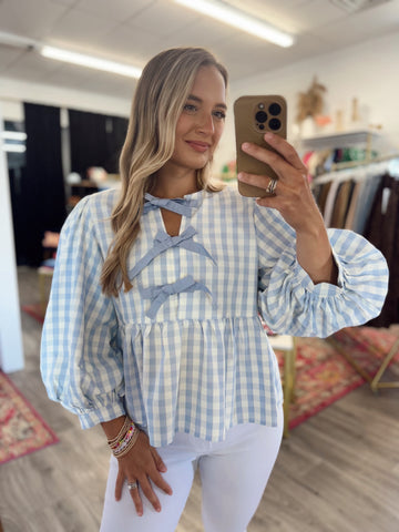 Gingham Bow Blouse - Blue