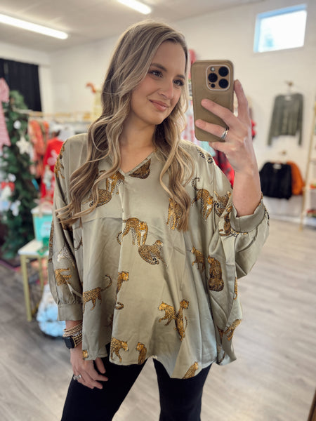 Satin Leopard Blouse - Sage