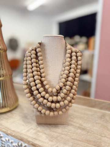 Chunky Multi-Strand Wood Beaded Necklace - Taupe