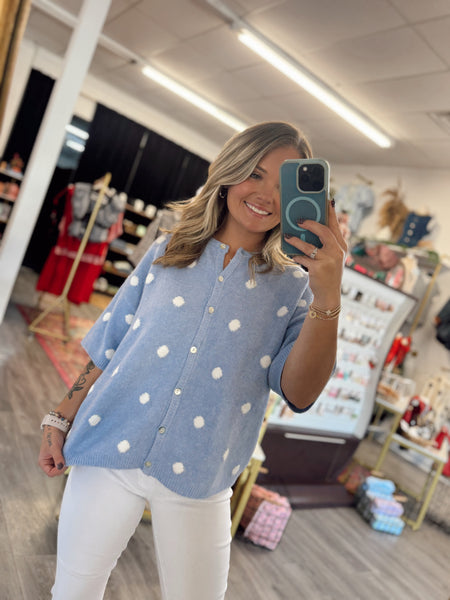 Polka Dot Sweater Cardigan - Blue