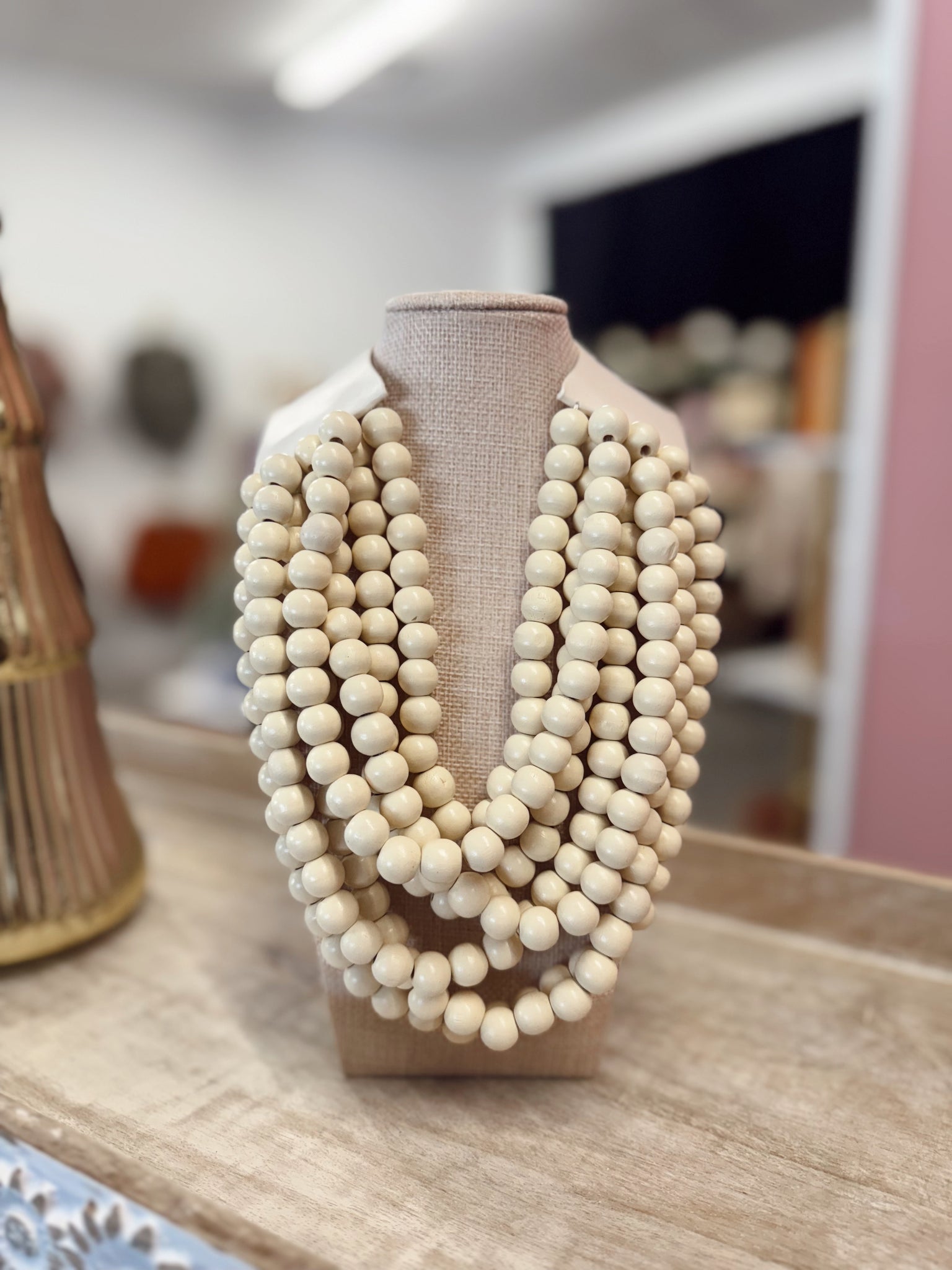 Chunky Multi-Strand Wood Beaded Necklace - Cream