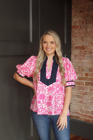 Floral Contrast Blouse - Pink