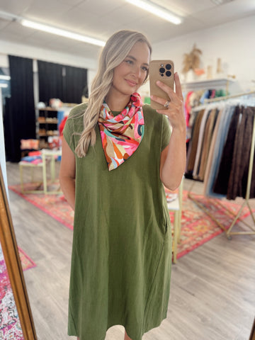 Linen Basic Midi Dress - Moss
