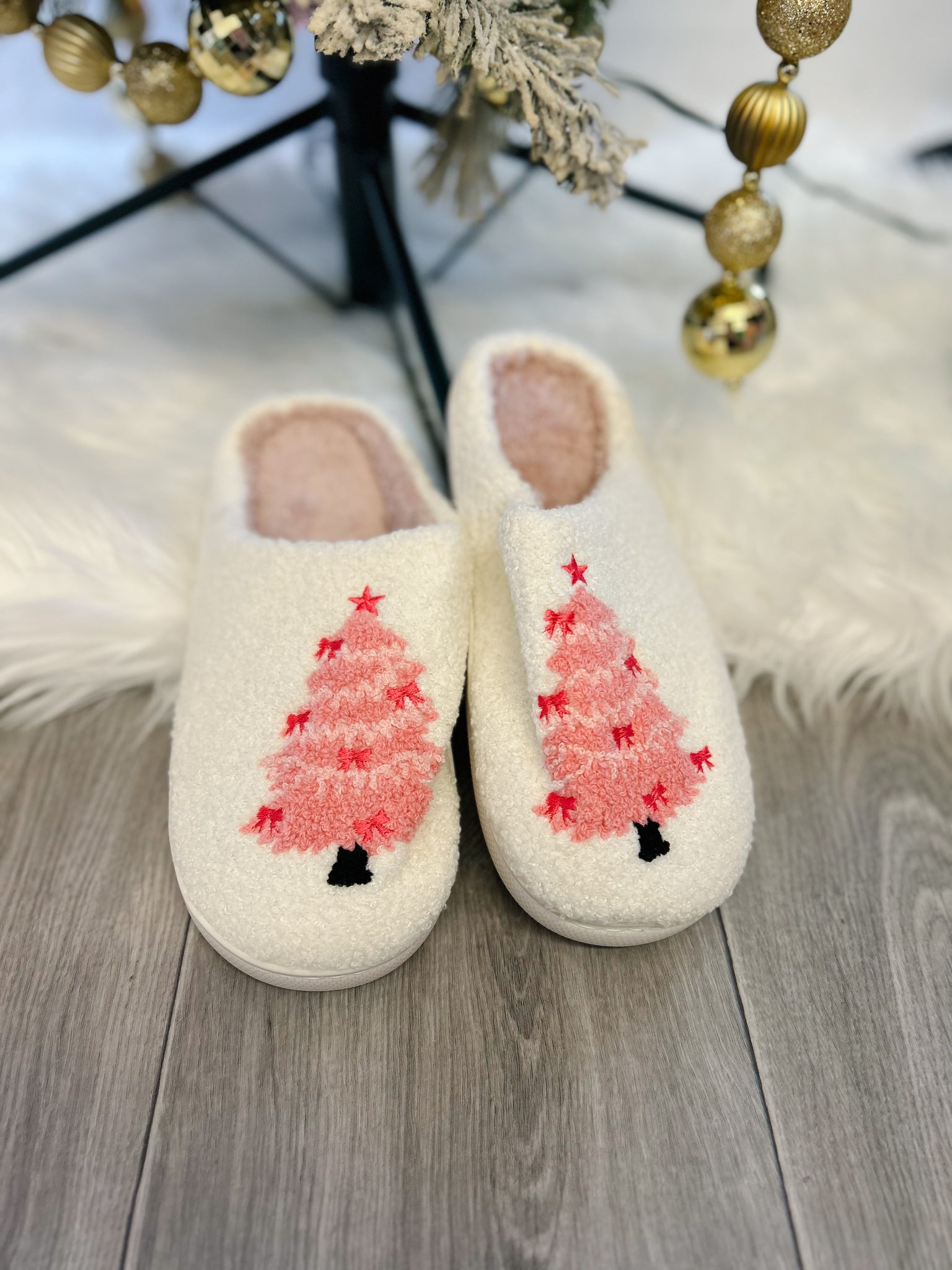 Pink Christmas Tree Slippers