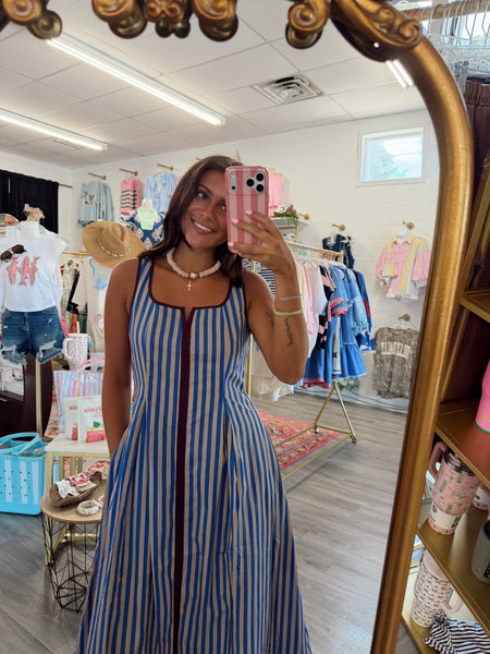 Striped Sleeveless Midi Dress - Burgundy/Blue