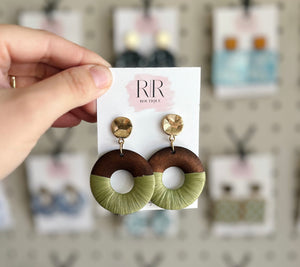 Wooden Circle Dangle Earrings - Green