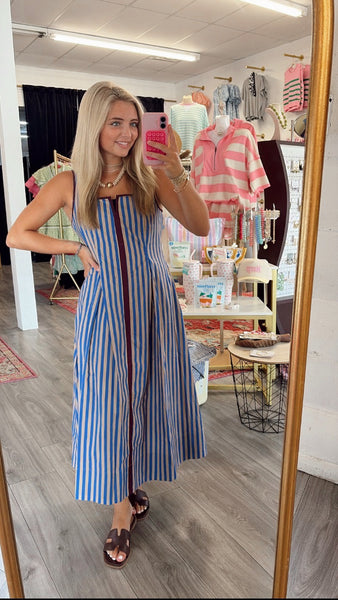 Striped Sleeveless Midi Dress - Burgundy/Blue