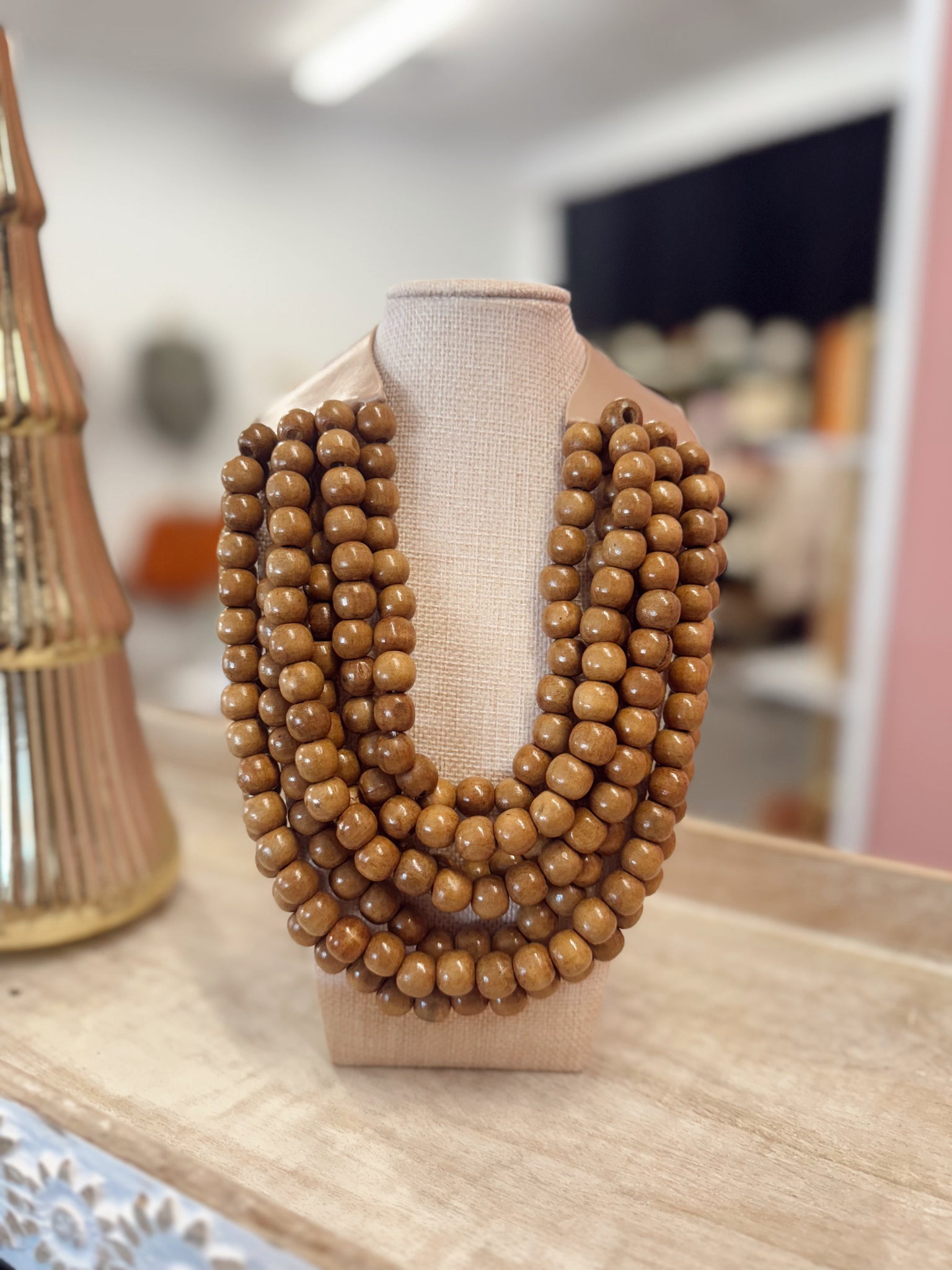 Chunky Multi-Strand Wood Beaded Necklace - Brown