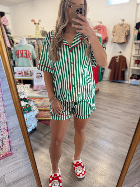 Satin Striped Pajama Set - Green