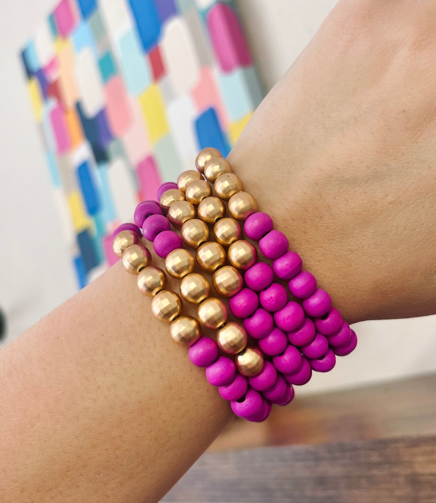 Wooden Beaded Bracelet- Magenta