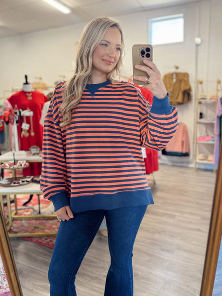 Everyday Striped Pullover - Coral/Navy
