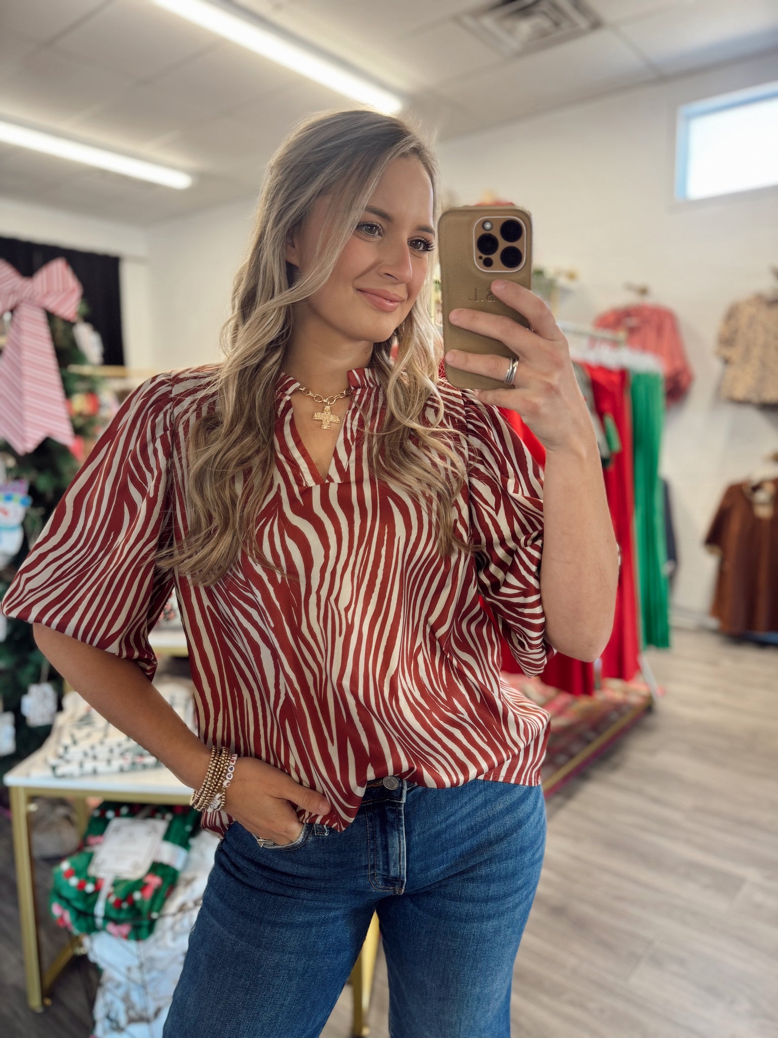 Satin Zebra Blouse - Rust