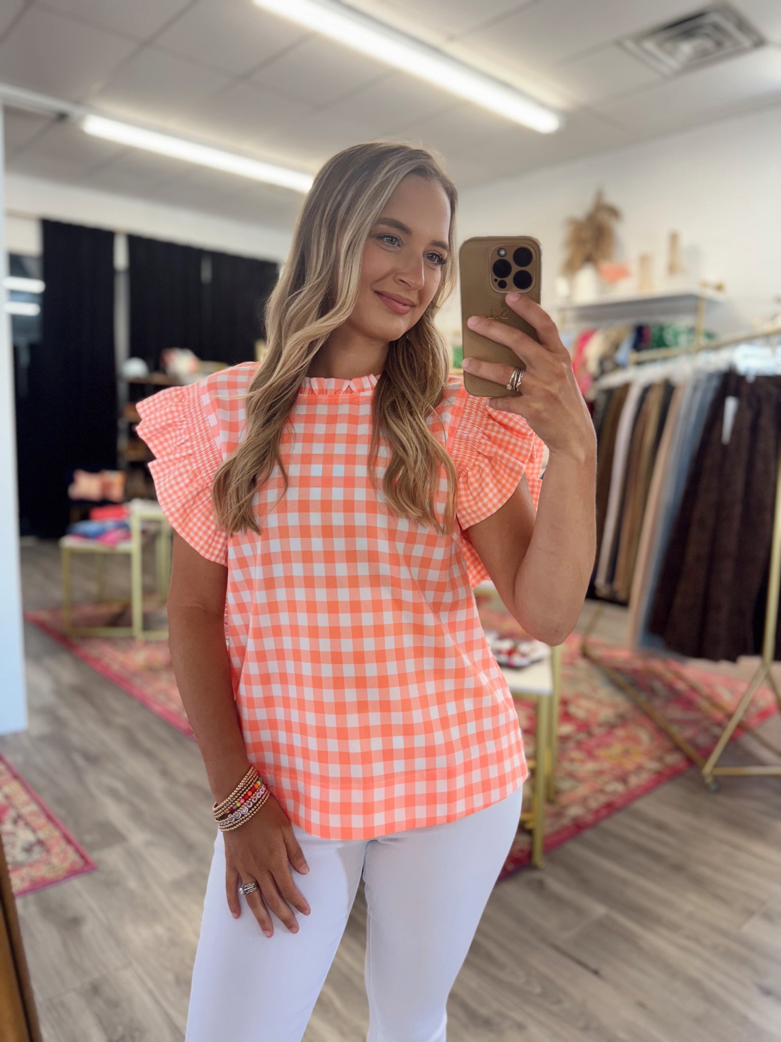 Gingham Ruffle Top - Orange
