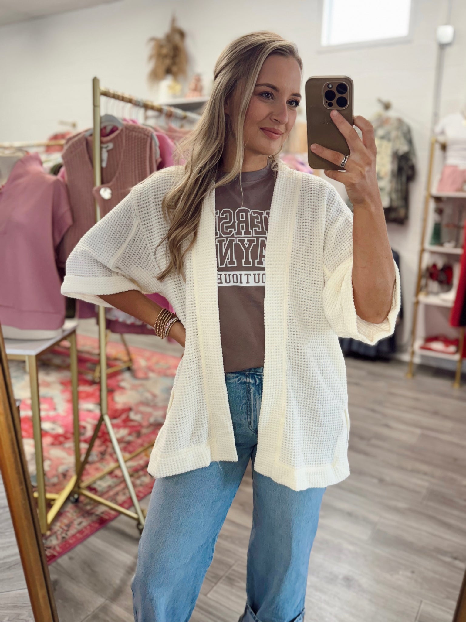 Waffle Knit Cardigan - Cream