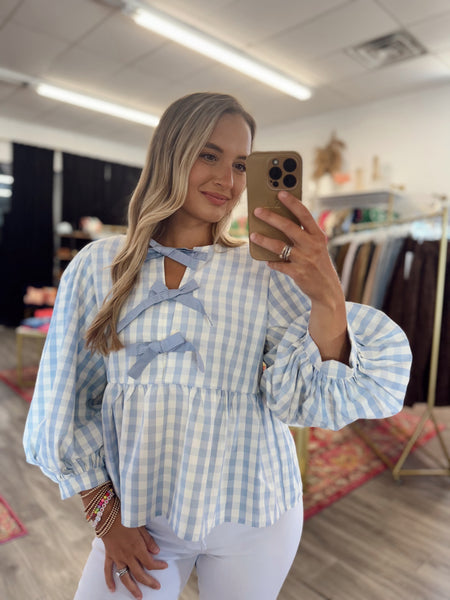 Gingham Bow Blouse - Blue