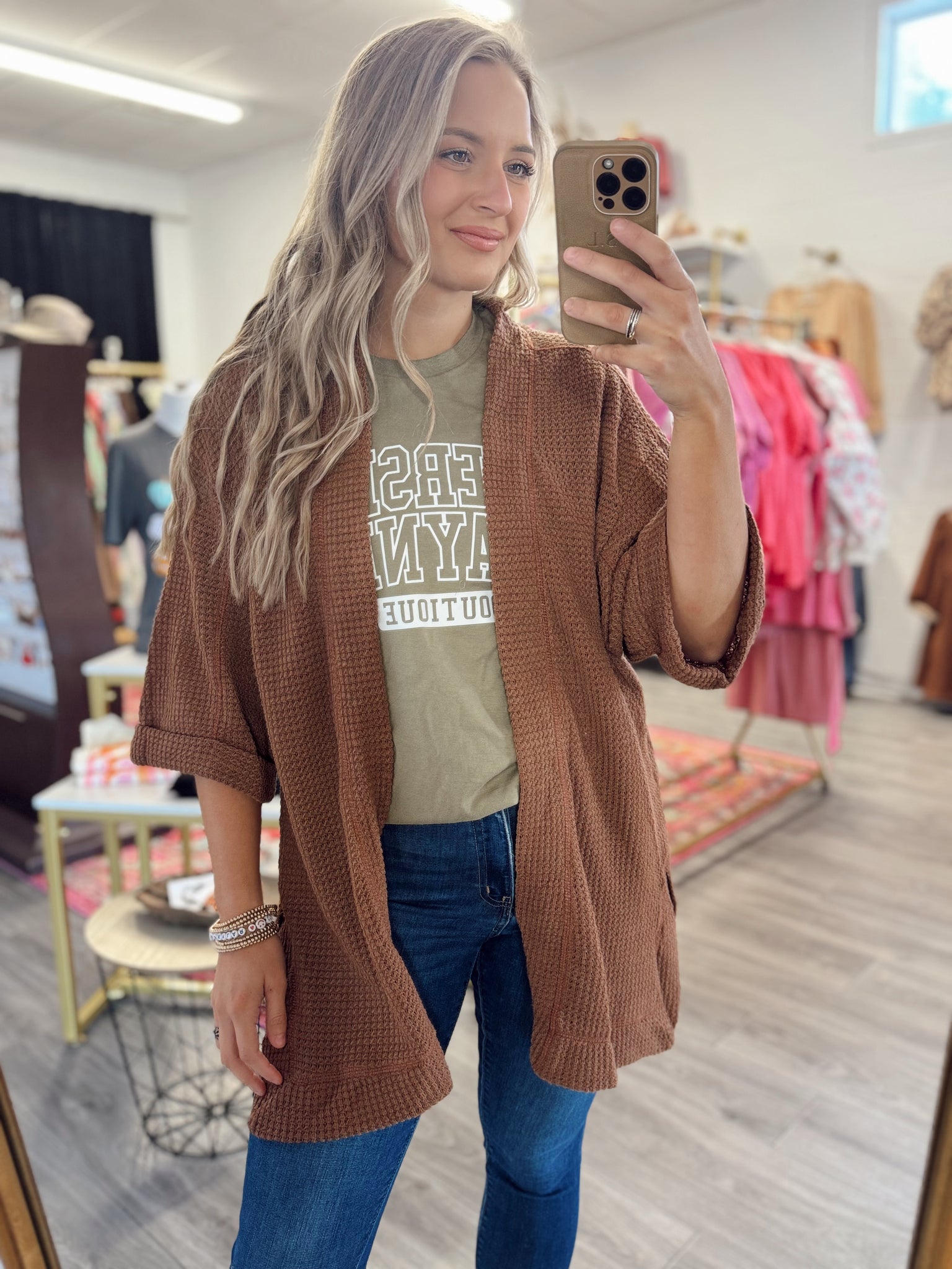 Waffle Knit Cardigan - Camel