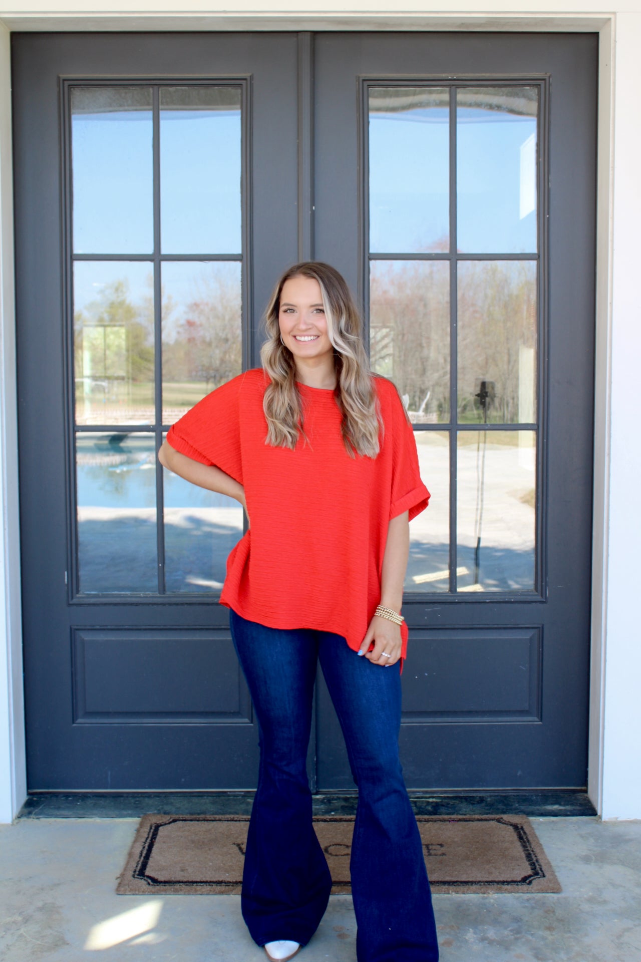 Basic Textured Blouse - Flaming Red